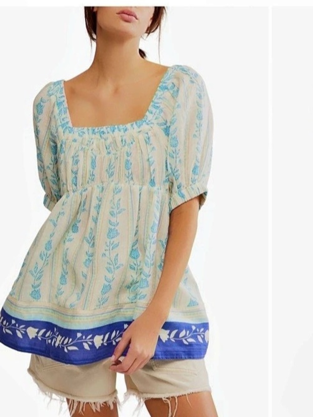 NWOT Free People Santorini Printed Tunic Floral Top Cream & Blue Small
